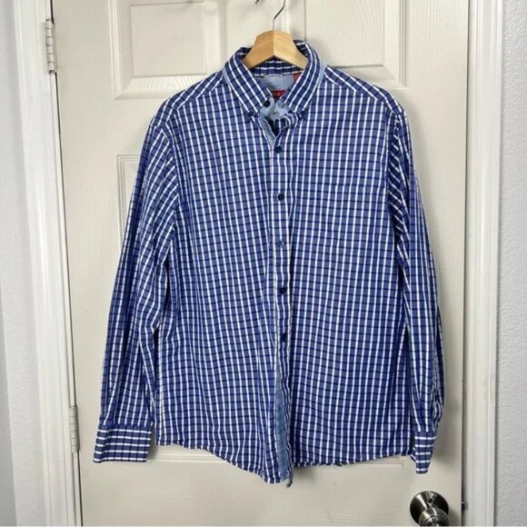 IZOD Men’s Large Blue Gingham Check Slim Fit Button-Down Shirt Classic Preppy - Picture 1 of 4